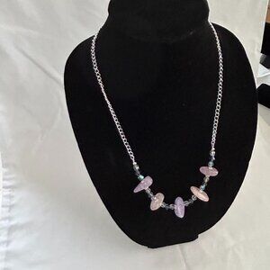Handmade necklace with large purple stones, purple and clear crystals glass